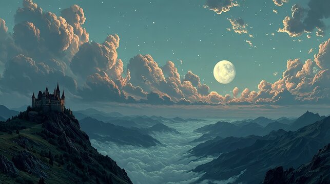 Fantasy Castle Above Mountain Valley Under Full Moon