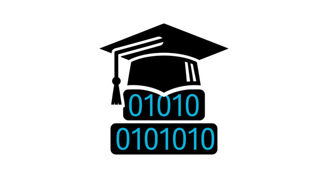 Digital Education and Computer Science Graduation Icon with Binary Code and Mortarboard Hat