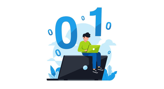 Software Developer and Programmer Coding on Laptop with Binary Code Concept Background. Flat Vector Illustration for Information Technology and Data Science.