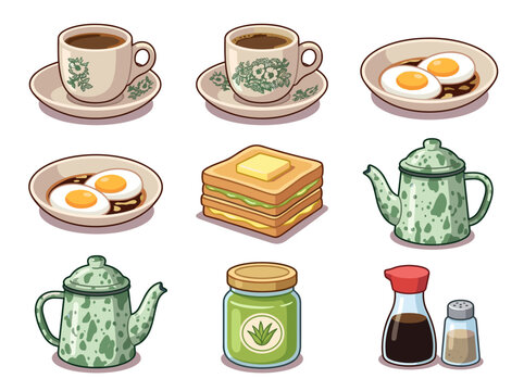 traditional oriental breakfast set, coffee with kaya toast and soft boil egg, vector icon set