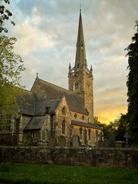 traditional village church in the evening sun