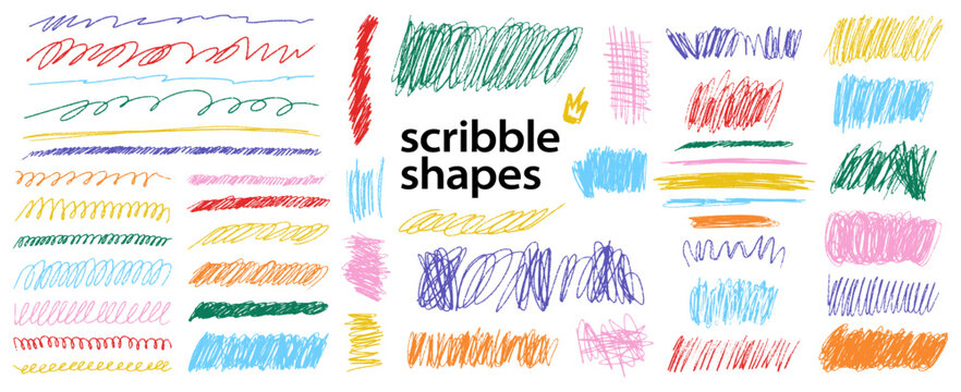 Colorful crayon scratches set. Hand drawn with colored chalk scribble squiggle shapes. Expressive pastel doodle underlines and emphasis elements. Freehand kids scrawls on transparent background Vector