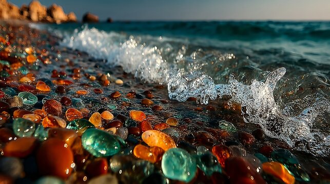 Ocean Wave Breaking Over Colorful Pebbles on Beach