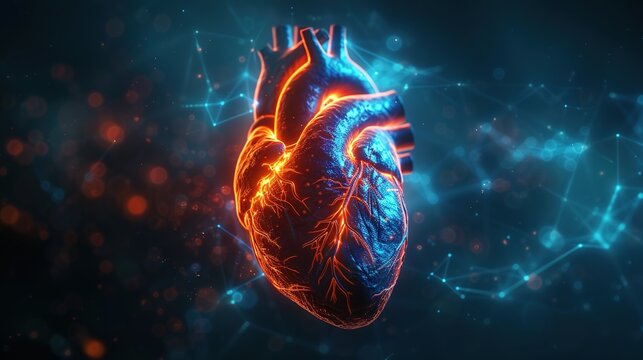Detailed medical 3D anatomical illustration of Angina Pectoris showing narrowed coronary artery, myocardial ischemia, chest pain symptom, labeled heart structure educational diagram for cardiology