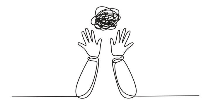 Continuous line drawing of two hands reaching for a messy tangled mental knot