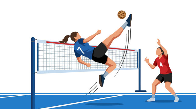 Sepak Takraw Player Kicking Ball Over Net, Sports Action Illustration