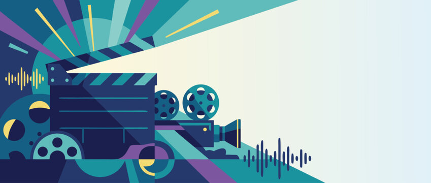 Panoramic vector banner illustration of a video production theme featuring a clapperboard silhouette, camera lens elements, and film reel patterns on a sleek dark background with copy space.