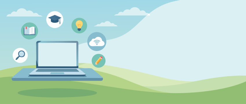 Online learning vector banner illustration featuring a modern laptop with floating education icons for e-learning platforms, digital school, remote study, and academic knowledge sharing.