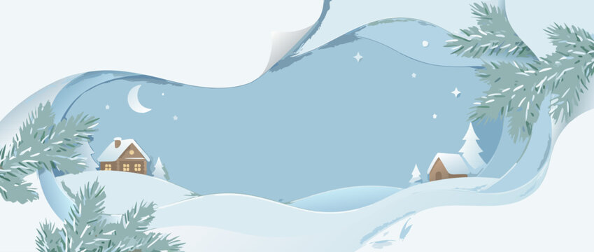 Panoramic vector banner illustration of a cozy winter landscape with soft snow drifts, evergreen pine branches, and a peaceful atmosphere perfect for holiday greetings and seasonal promotions.
