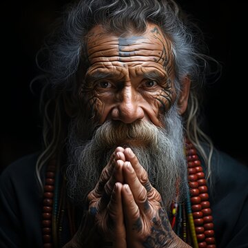 Wise Elder with Tattoos and Prayerful Expression