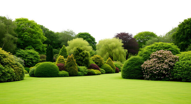 Lush green landscape featuring a mowed lawn surrounded by mature trees and garden shrubs landscape outdoors vegetation backyard botanical parkland environment landscaping