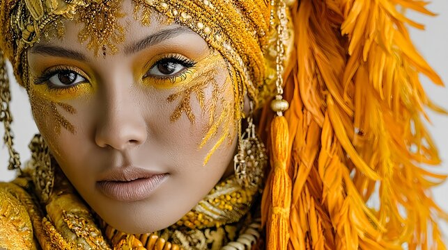 Woman with Golden Tribal Makeup and Ornamental Headdress