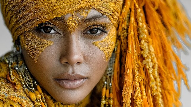 Woman with Golden Tribal Makeup and Ornamental Headdress