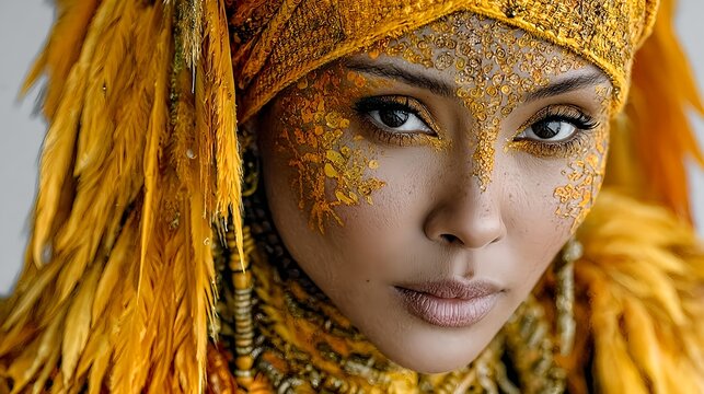 Woman with Golden Tribal Makeup and Ornamental Headdress