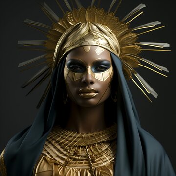 Regal Futuristic Priestess with Golden Crown and Veil