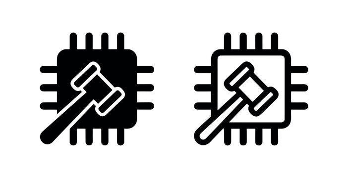Cyber Law and Digital Justice Icon with Gavel on Computer Chip, Technology Regulation Symbol