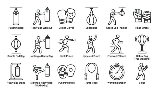 Boxing Training Icons: Punching Bags, Gloves, Fighters, Jump Rope, Stopwatch