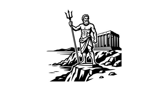 Ancient Greek God Poseidon Standing on Rocks with Trident and Temple.