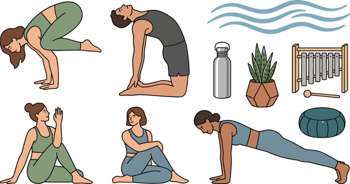 Vector illustration collection of diverse people practicing advanced yoga and meditation exercises including crow pose camel pose plank twist and sound healing elements