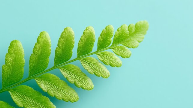 A single green fern frond with detailed leaves. Minimal botanical composition on a light blue background with space for text