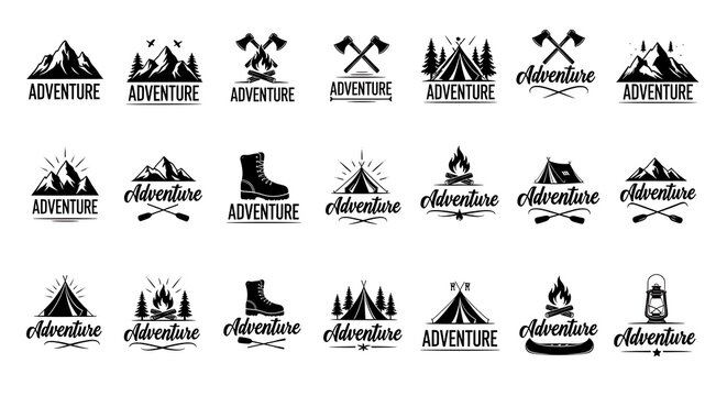 Collection of monochrome outdoor adventure emblems and logos on white background