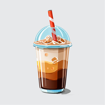 A cold refreshing drink with ice cubes and a straw is served in a clear plastic cup on a table indoors.