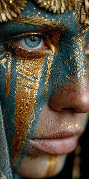Blue and Gold Tribal Face Paint Close Up Portrait