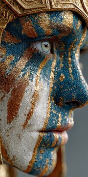 Blue and Gold Tribal Face Paint Close Up Portrait