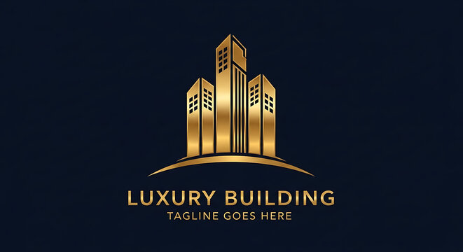 Luxury golden real estate high rise building logo emblem on a dark blue background with building architecture skyscraper corporate business property development construction commercial