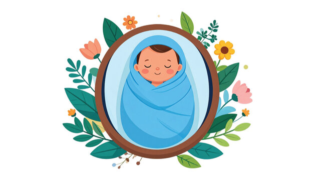 Newborn baby swaddled in blue blanket.