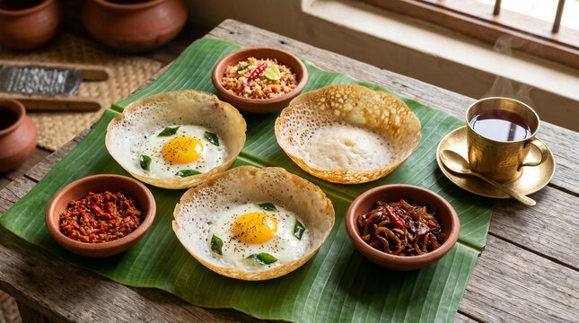 Complete Sri Lankan traditional breakfast on a banana leaf: two egg hoppers, one plain hopper, small clay bowls of pol sambol (coconut sambol), caramelized onion sambol, and katta sambol
