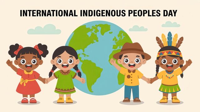International Indigenous Peoples Day illustration with diverse children around a globe