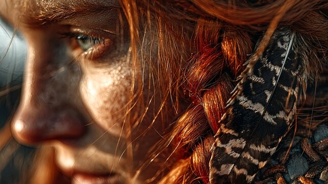 Intense Red Haired Warrior Woman in Feathered Hood
