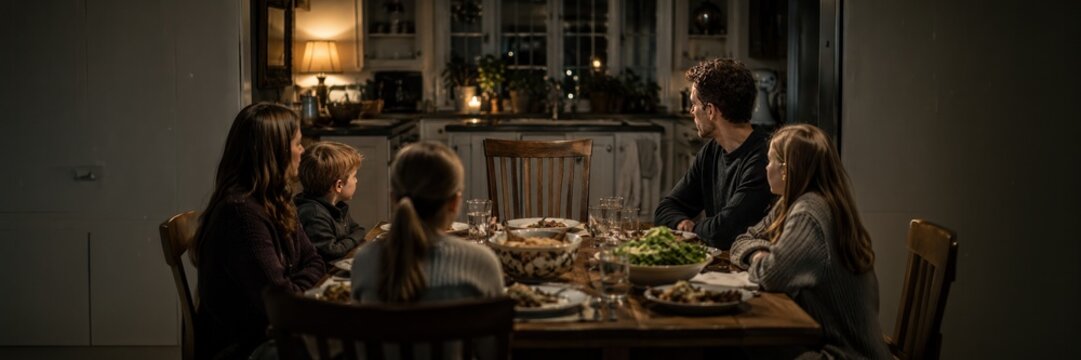 Parents and children sit at a family dinner table beside an empty chair.
