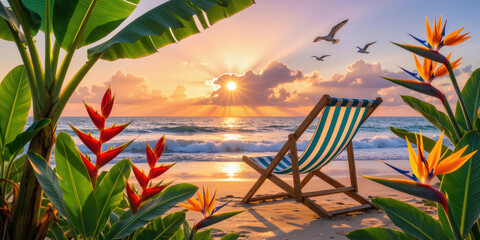 Obraz premium Striped beach chair on sandy beach surrounded by tropical plants and vibrant flowers, with calm ocean and sunset in the background.