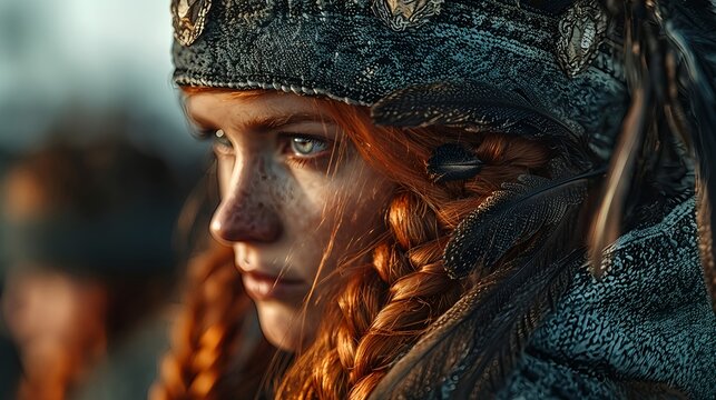 Intense Red Haired Warrior Woman in Feathered Hood