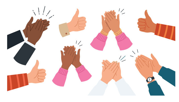 Human hands clapping and thumbs up applause gesture flat vector illustration set. Appreciation, approval, success, corporate team support and praise icons.