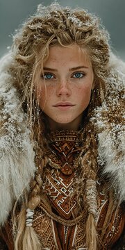 Confident Viking Inspired Woman with Braided Blonde Hair