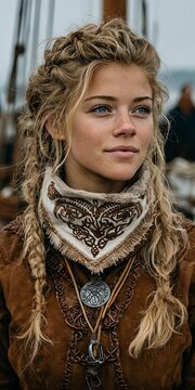 Confident Viking Inspired Woman with Braided Blonde Hair