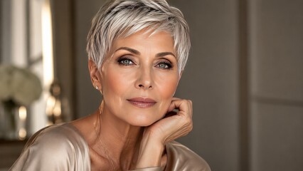 A confident mature woman with a short silver pixie haircut poses for an elegant indoor portrait. © MMM