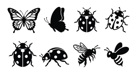 Ladybugs Butterflies And Bees Black Vector Silhouettes On White Background © Begum
