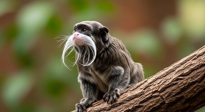 Emperor tamarin monkey with distinct white mustache sitting on tree branch in forest.