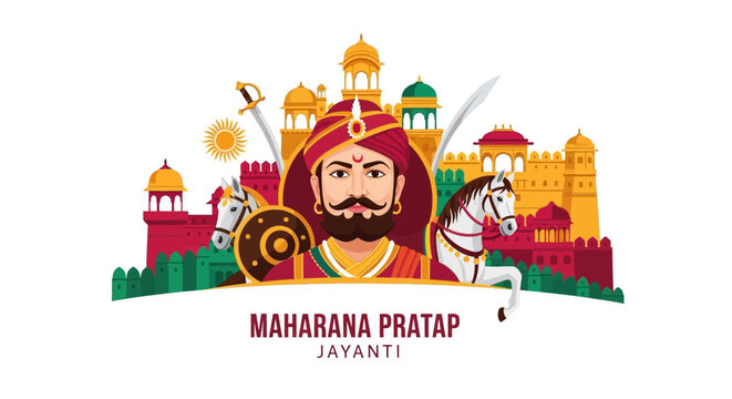 Commemorating Maharana Pratap Jayanti with a vibrant illustration of the legendary warrior and his horse