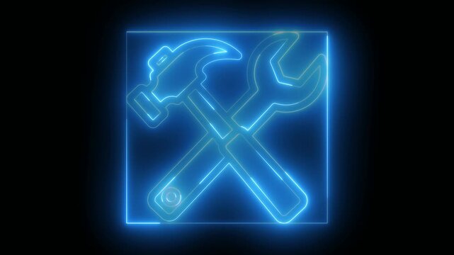 Neon Blue Glowing Wrench and Hammer Tools Icon Animation for Corporate Engineering Technical Support Strategy