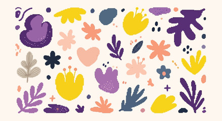 Fototapeta premium A vibrant collection of abstract organic shapes and floral elements in a playful, textured, and colorful illustration.