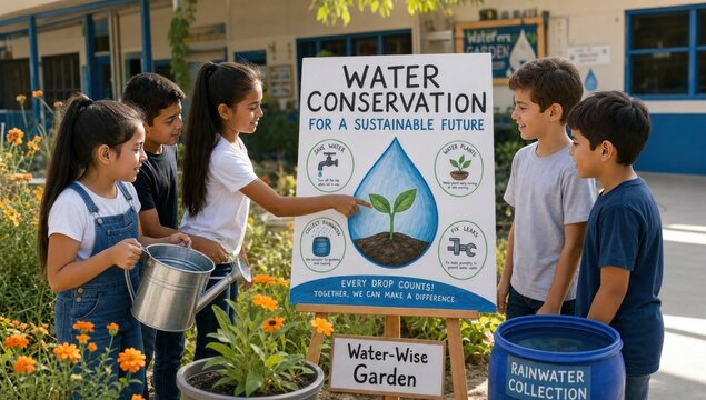 Students present a school project about water conservation and rainwater collection.