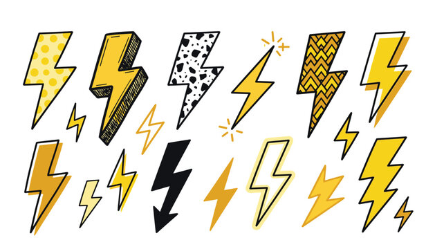 Lightning bolt and thunder energy power doodle graphic element set. Polka dots, chevron, animal print, sparks, hand drawn flash stickers.
