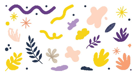 Naklejka premium A vibrant collection of abstract organic shapes and botanical elements in a playful, colorful pattern.