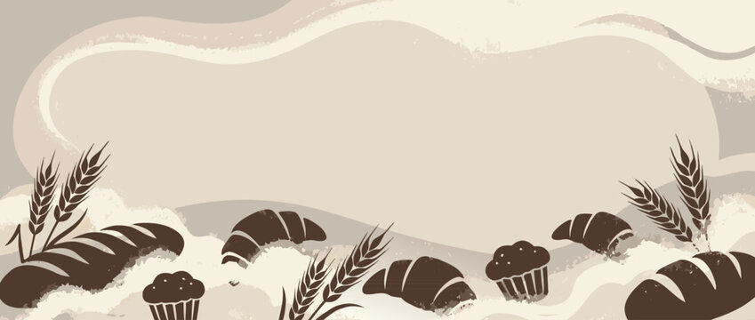 Panoramic vector banner illustration of a bakery header featuring elegant pastry silhouettes, scattered flour dust textures, and warm rustic colors, perfect for artisan bread shop branding.