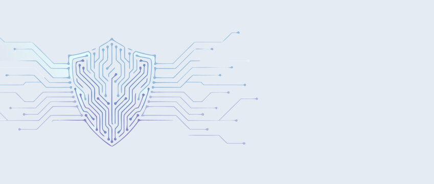 Panoramic vector banner illustration of a cybersecurity shield icon on an abstract technological background with glowing circuit traces and digital data protection network patterns for security.